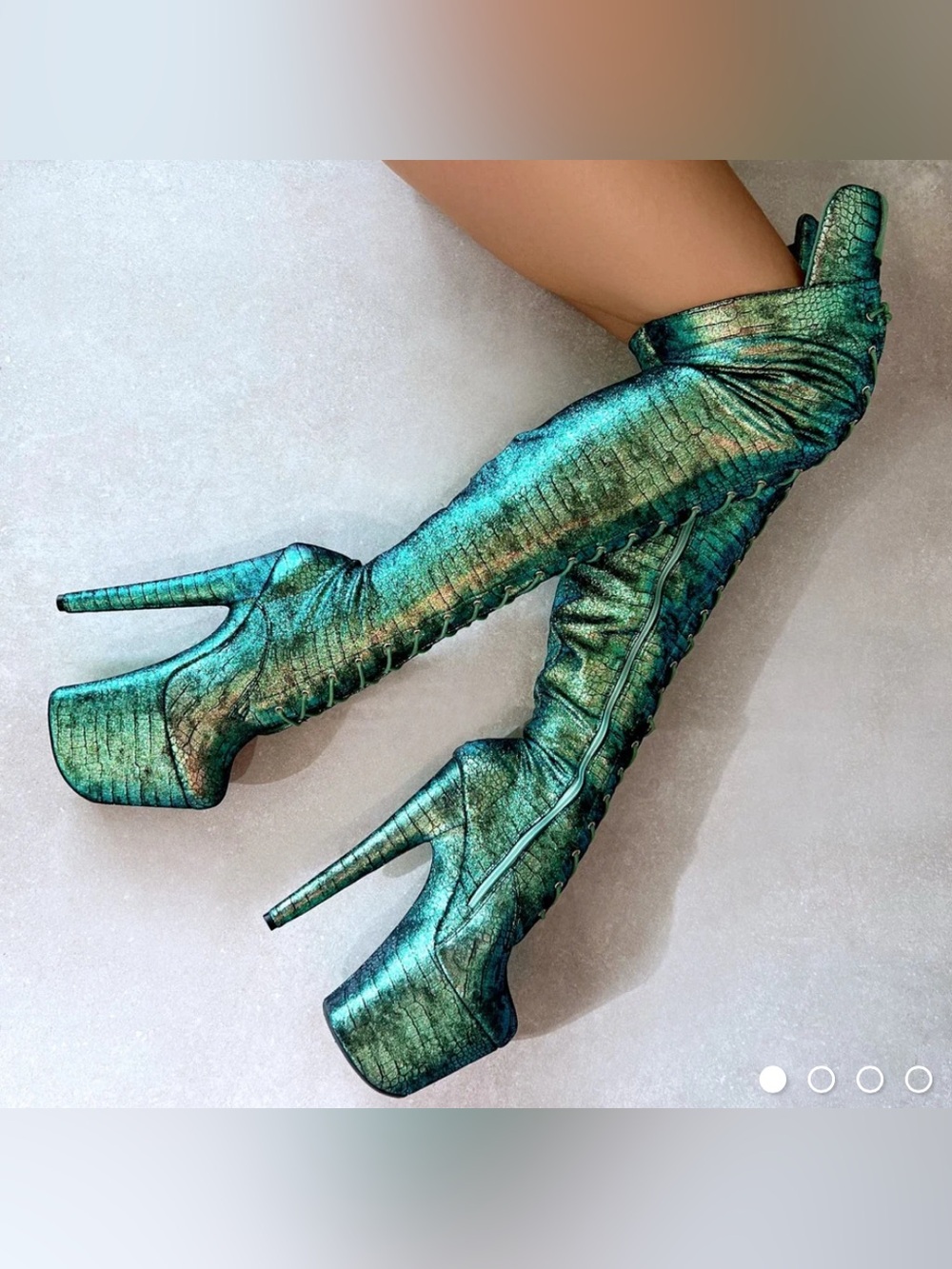 8in Mermaid Dreams Front Lace Knee Pad Half Zip Green Teal Gold Thigh High Boots